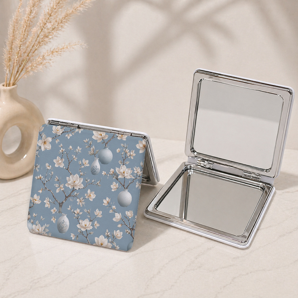Blue Magnolia Pattern Portable PU Folding Mirror
